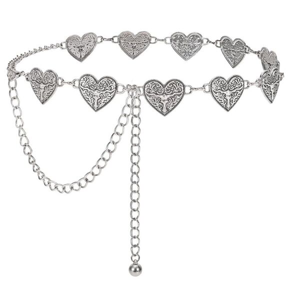 SALE Silver Vintage Western Bohemian Heart Chain Belt - Picture 4 of 6